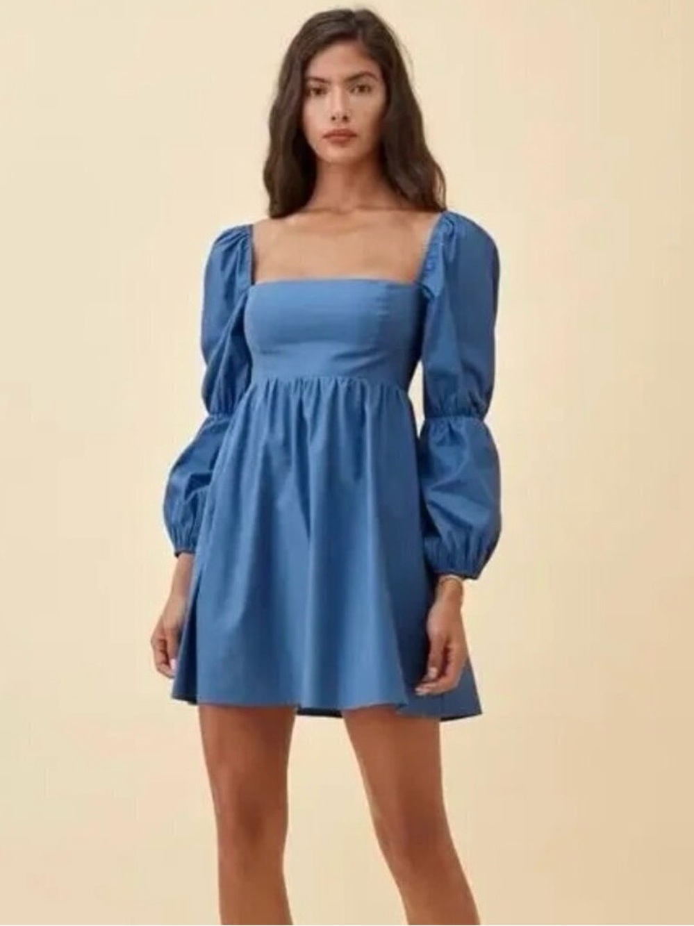 Reformation Michaela Long Sleeve Mini Babydoll Dress Blue Size 6 Smocked Chic